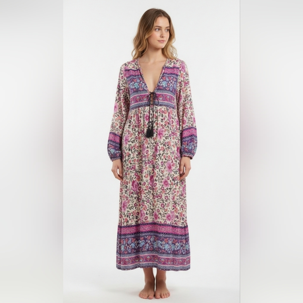 Foremode Dress Pink Purple Peasant Midi Floral Boho Hippie Festival Retro M